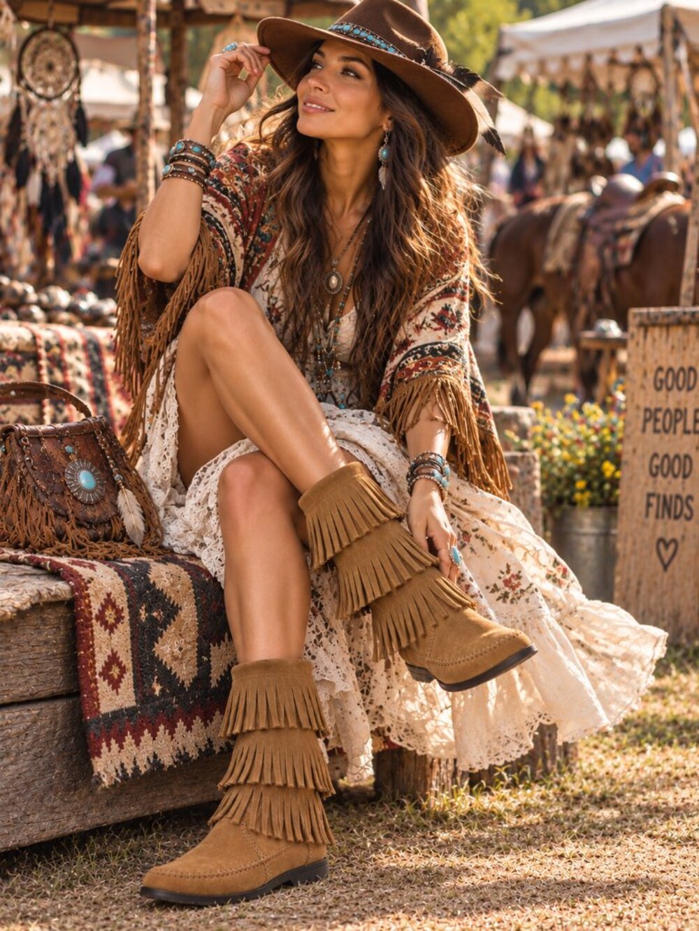 Minnetonka Triple Layer Fringe Brown Suede Moccasin Boots Size 7